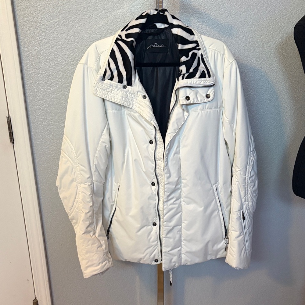 JET SET-Mens White Ski Jacket w/Fleece Zebra Collar, Tan Side Stripe sz 3 EU (L)